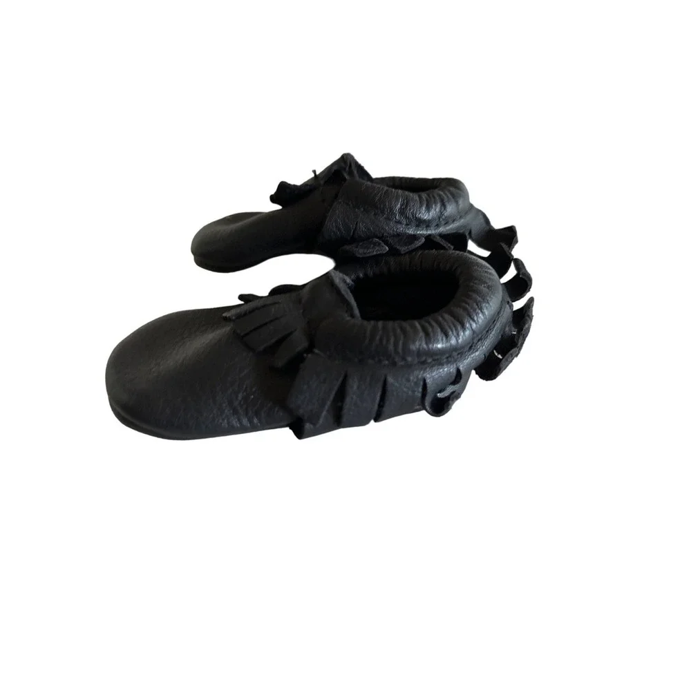 Freshly Picked Moccasins Black Leather Fringe‎ Soft Sole Baby Shoes Size 1